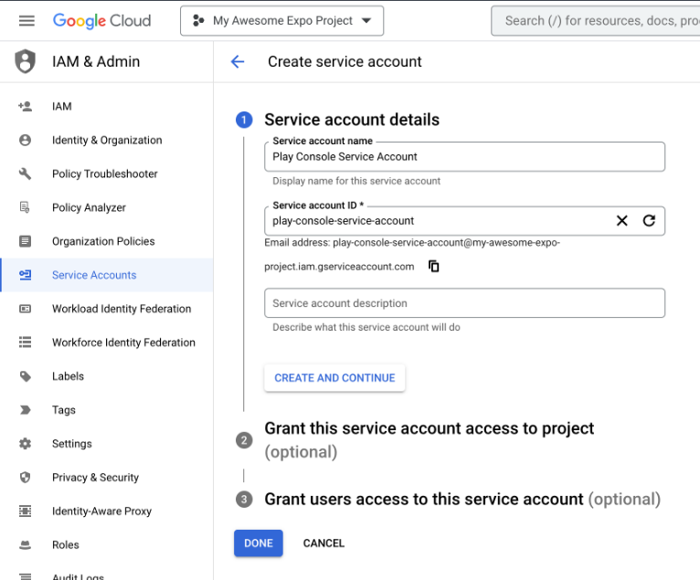 Create service account